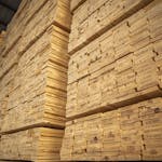 Large stacks of lumber stored in an industrial warehouse, showcasing woodworking materials.